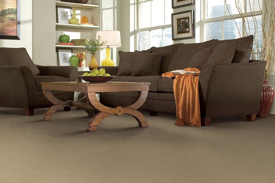 Carpeted flooring in a traditional living room